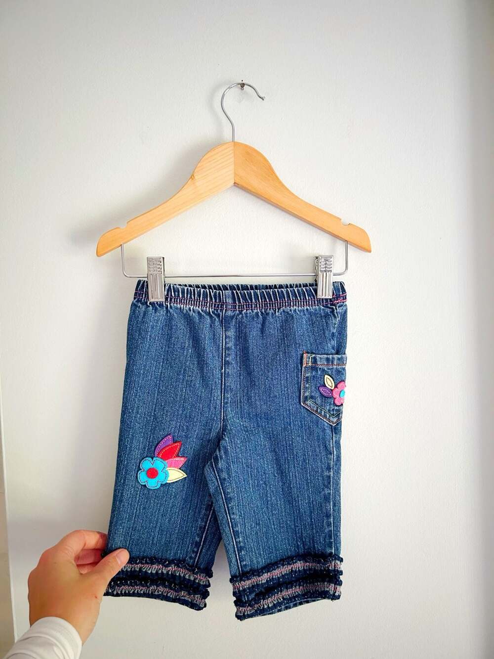 Y2K Hanna Andersson Baby Flower Applique Ruffle Hem Denim Jeans Size 70